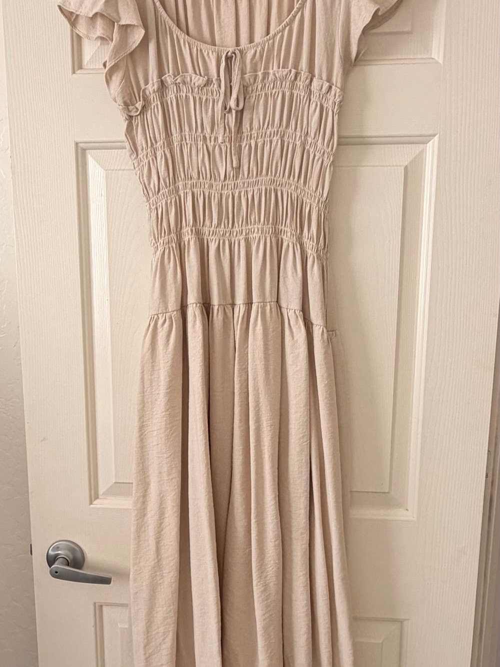 Blu Pepper Cream Smocked Maxi Dress with Ruffle Cap Sleeves